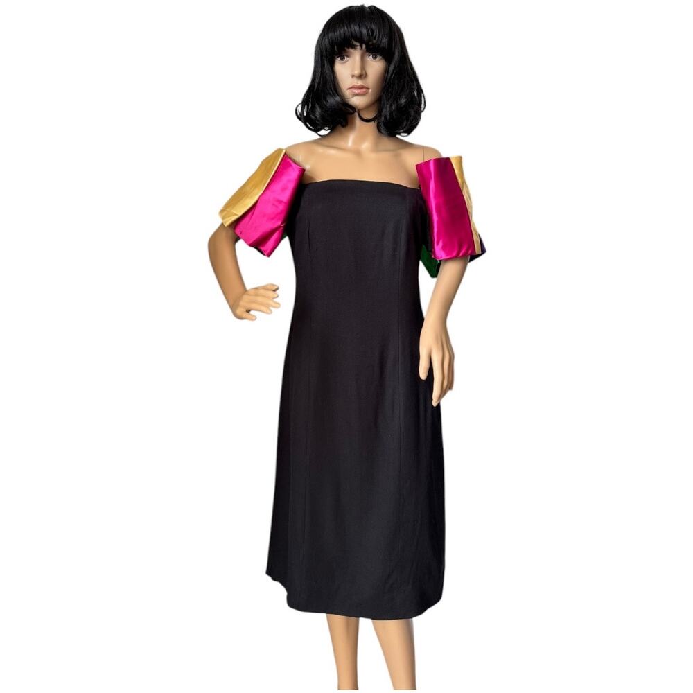 Vintage 80's black with off shoulder multi colors puff satin sleeves size s-m - Picture 11 of 16